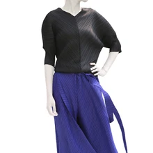 Changpleat женская футболка miyak Плиссированные Свободные Большие размеры V воротник Футболки женский дизайн Твердые Мода Плюс Размеры