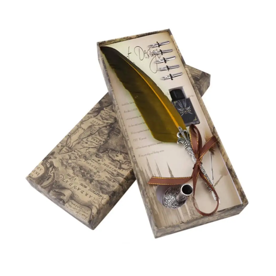 

English Calligraphy Feather Dip Writing Ink About 30cm/11.8inch With 5 Nibs Fountain Flat Pen Set