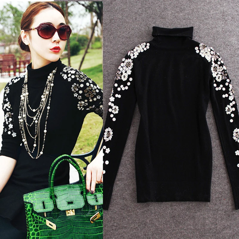 Women Sweaters And Pullovers Fashion 2020 Winter Turtleneck Black Basic Thin Flower Beads Long Sleeve Slim Body Knitted Sweater | Женская