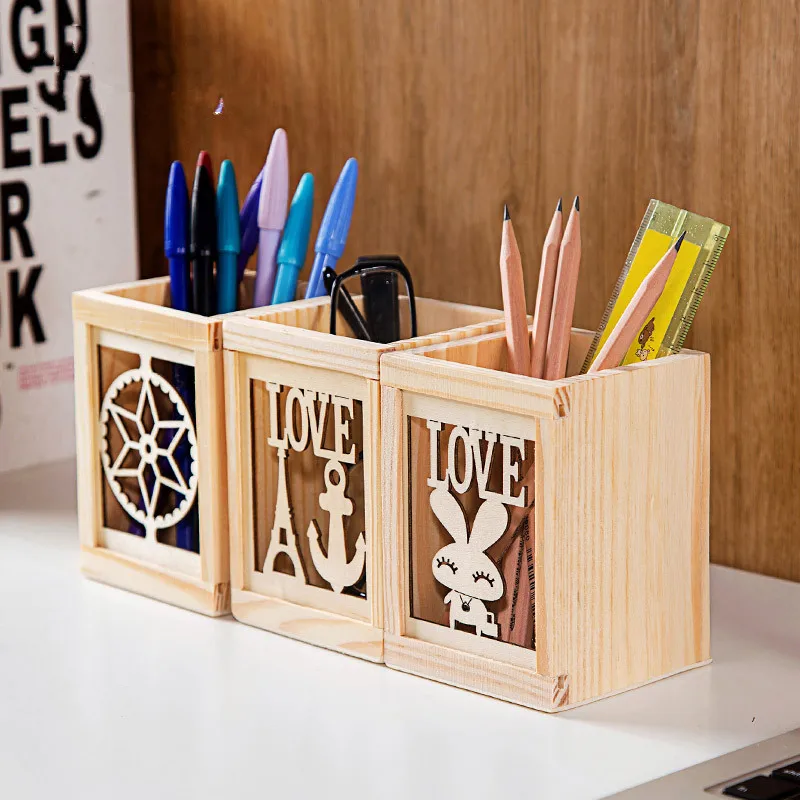 

Wooden Pen Container Creative Cartoon Stationary Storage Box Office Organizer Remote Control Holder Desktop Storage