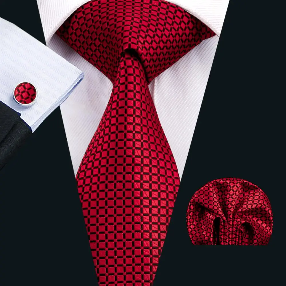 

FA-1573 New Arrive Fashion Ties For Men Red Plaids Checks Jacquard Woven Necktie Hanky Cufflinks For Wedding Party Freeshipping