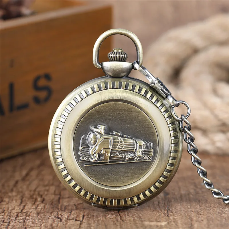 

Vintage Bronze Train Locomotive Quartz Pocket Watch Creative Green Dial Men Women Pendant Gift with Necklace Fob Chain Watches
