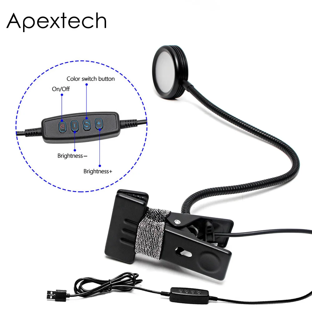 

Apextech Free Flexible LED Desk Lamp Dimmable 3 Color Adjustable 5W Metal Clamp Bedside Table Reading Lights USB DC5V Input