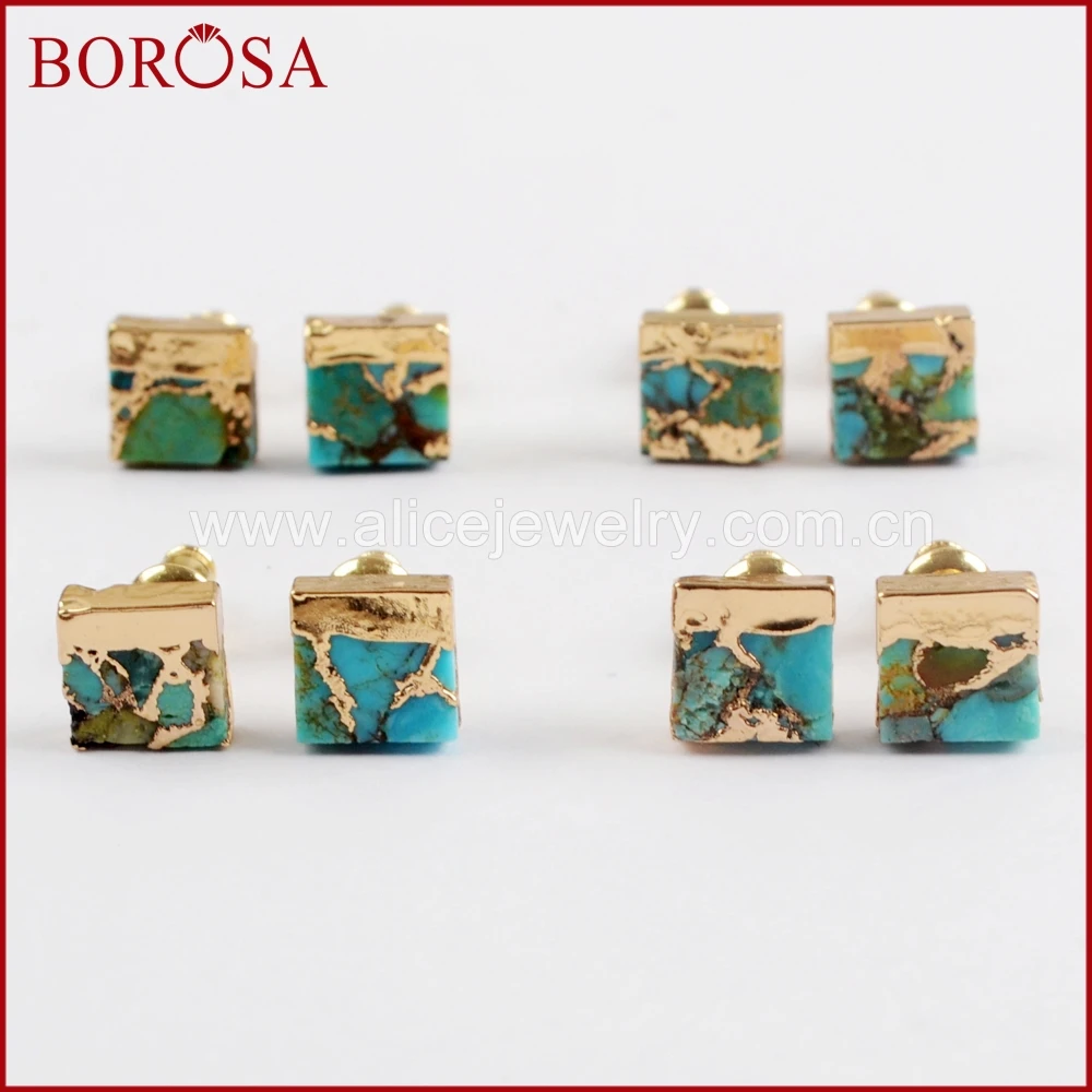 

BOROSA 5/10Pairs Gold Color 7mm Square Copper Natural Turquoises Stud Earrings Blue Stone Earrings for Women Jewelry Gift G1648