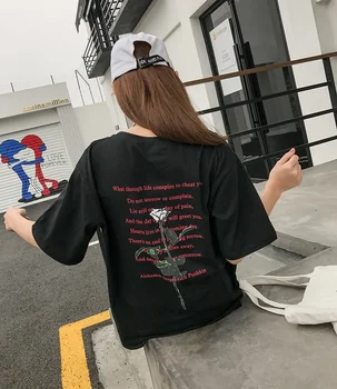 

PUDO-XSX Harajuku Women Men T shirt Korean Fashion Roses Letter Printed T-shirt Short Sleeve O-neck Casual Loose Couple T-shirts
