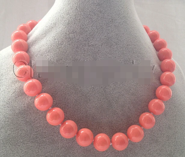 

Beautiful 18" 14mm perfect round pink coral color south sea shell pearl necklace AAA style Fine Noble real Natural fast shipping