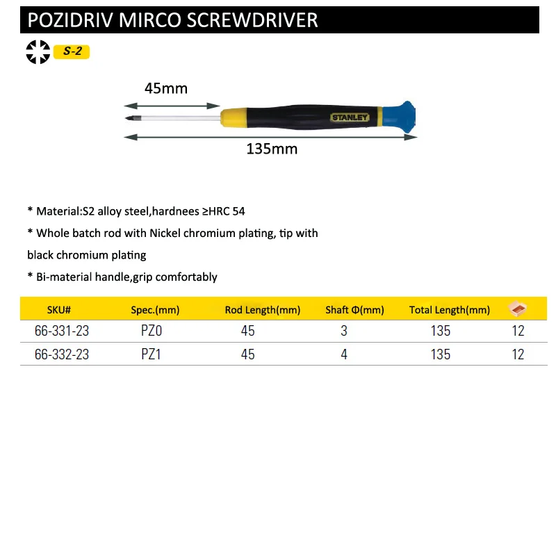 Прецизионная микроотвертка Стэнли 1 шт. pozi PZ0 PZ1 Удобная резиновая ручка электронные инструменты S2 легированная сталь