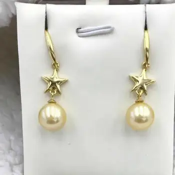

free shipping charming 9-10mm SouthSea dangle gold pearl earring long chain 925 silver
