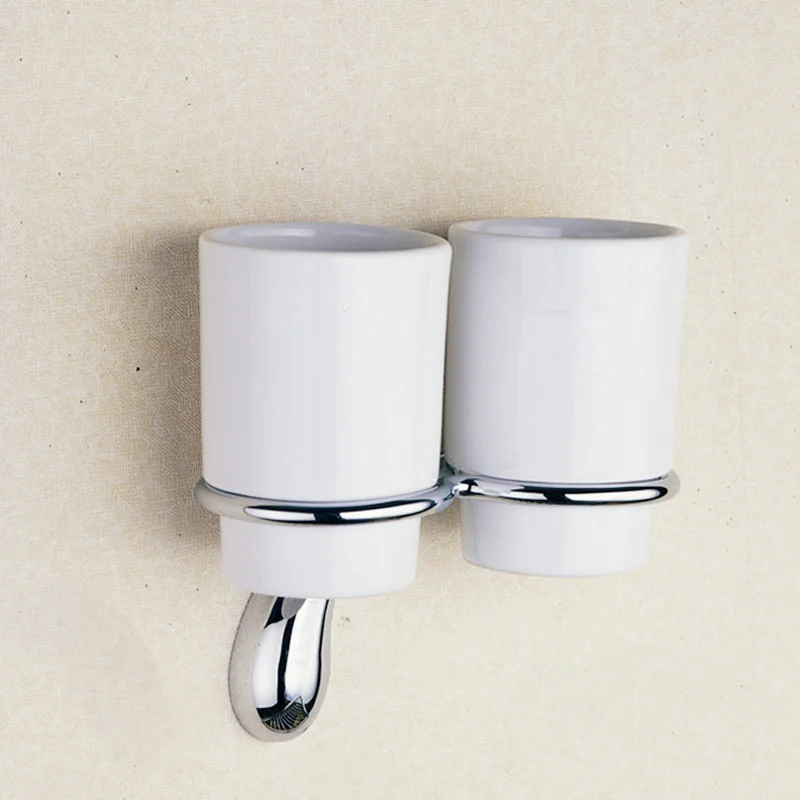 Хромированный набор оборудования для ванной комнаты, латунный дозатор мыла для душа, кольцо для полотенец, крючок для халатов, вешалка, настенный держатель для туалетной щетки и бумаги - Цвет: Double Cup Holder