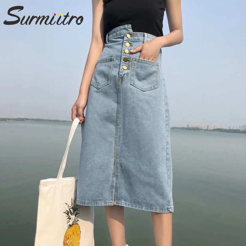 

Surmiitro Fashion Button Denim Skirt Women 2019 Spring Summer New High Irregular Waist A-line Long Sun School Jeans Skirt Female