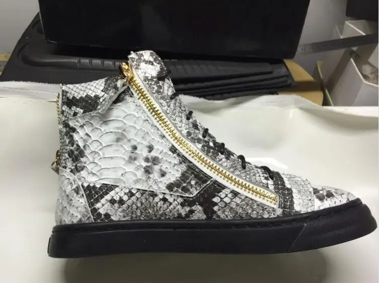

AJMOGA  Fashion python printed men sneakers geunine leather high top sneaker flats with high top lace up causal party shoes