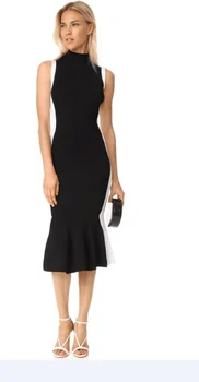 

Fashion Style Sleeveless White Black Patchwork Fishtail Mid Calf Bandage Dress
