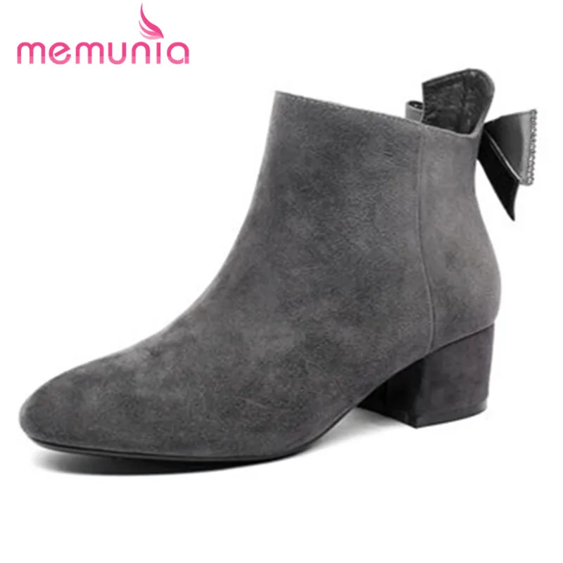 

MEMUNIA 2018 hot sale suede leather ankle boots for women fashion autumn winter boots with bowknot low heels boots casual shoes