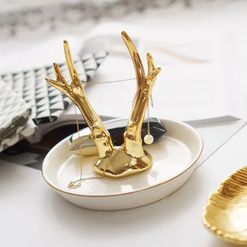 

Scandinavian Ceramic Gold Antlers Storage Plate Vogue Chic Elegant Jewelry Ring Necklace Rack Organizer Tray Home Desktop Decor