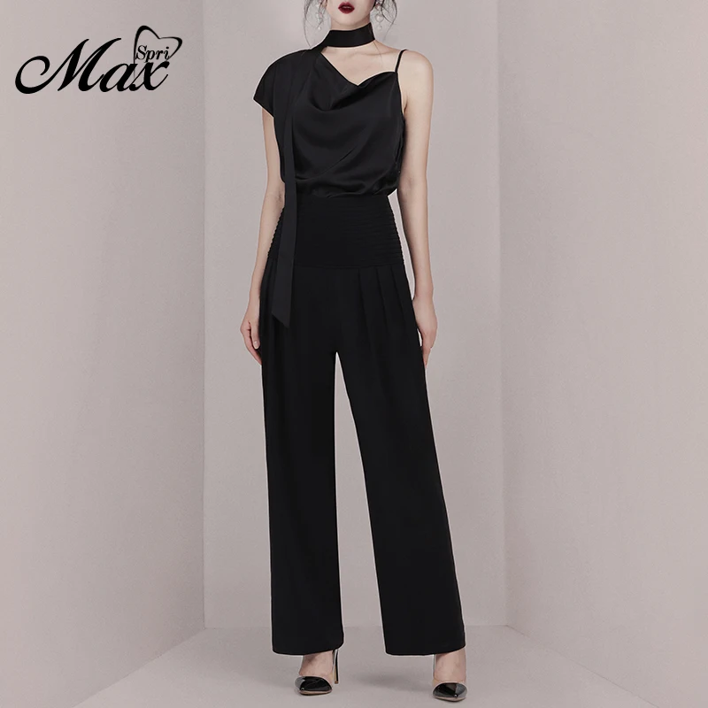 

Max Spri 2019 New Fashion Women Asymmetrical Top With Tie Ruched Loose Pants Satin Stylish For Office Lady 2 Piece Sets Black