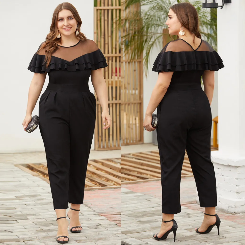 

Women's Plus Size Bodysuit Mesh Stitching Ruffled Short-Sleeved Small Feet Long Length Rompers Jumpsuit Combinaison Femme #5
