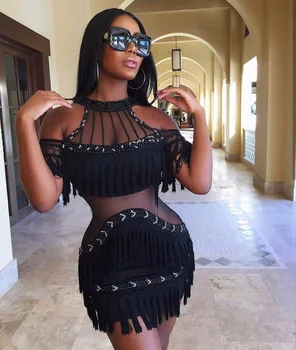 

Top Quality Ladies Sexy Short Sleeve Tassel Bandage Dress 2017 Knitted Elastic Party Dress