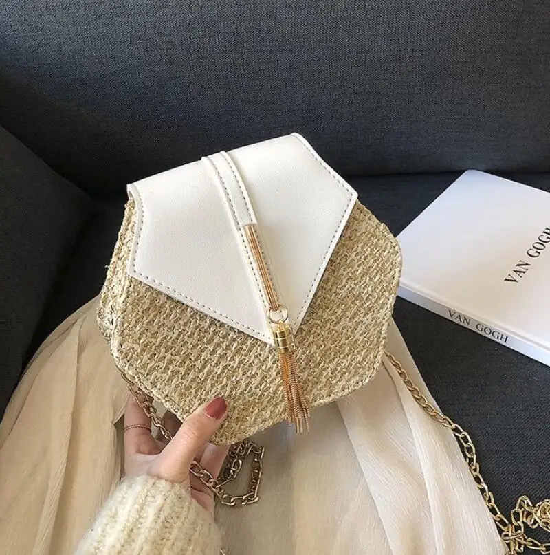 

Hexagon multi-style straw + pu bag female bag female rattan bag hand-woven beach bag boutique hit color tassel diagonal package