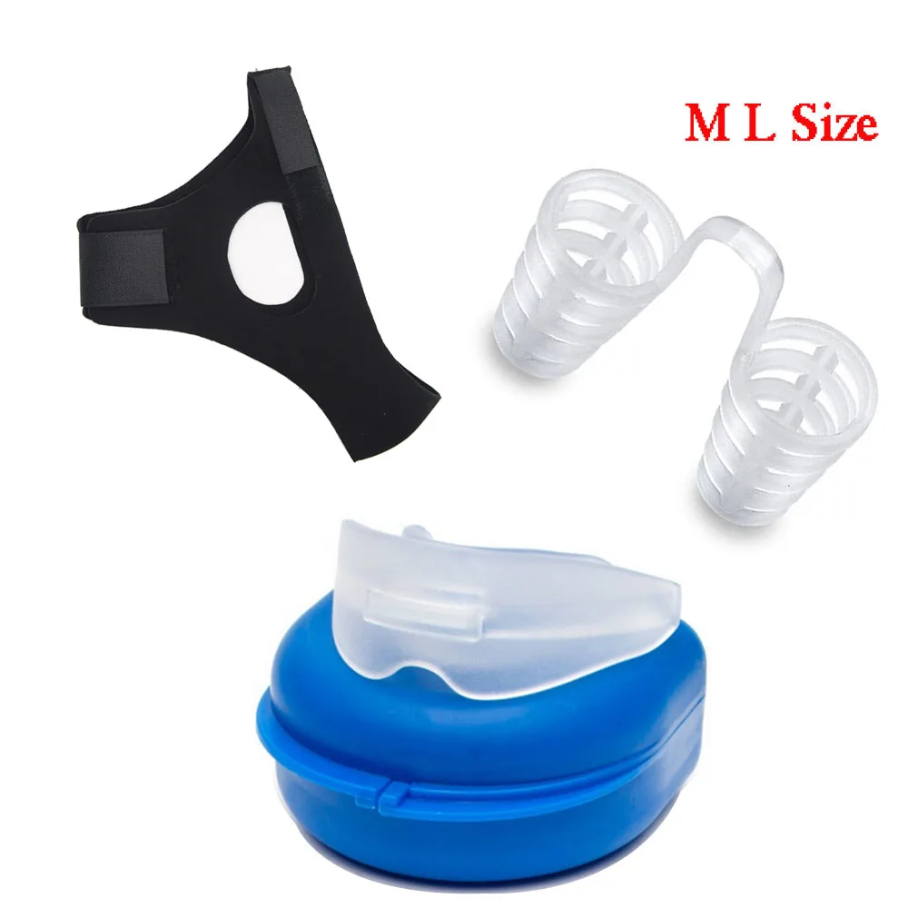 

4PCS Anti-Snore Solutions Anti Snoring Belt Chin Strap Nasal Dilators M L Mouth Guard