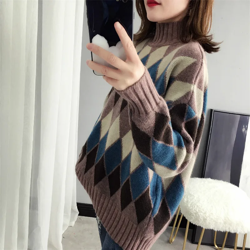 Для женщин свитера площадь 2019 зимние топы Свитер с воротником Для женщин Повседневное пуловеры «летучая мышь» рукавом плед лоскутное