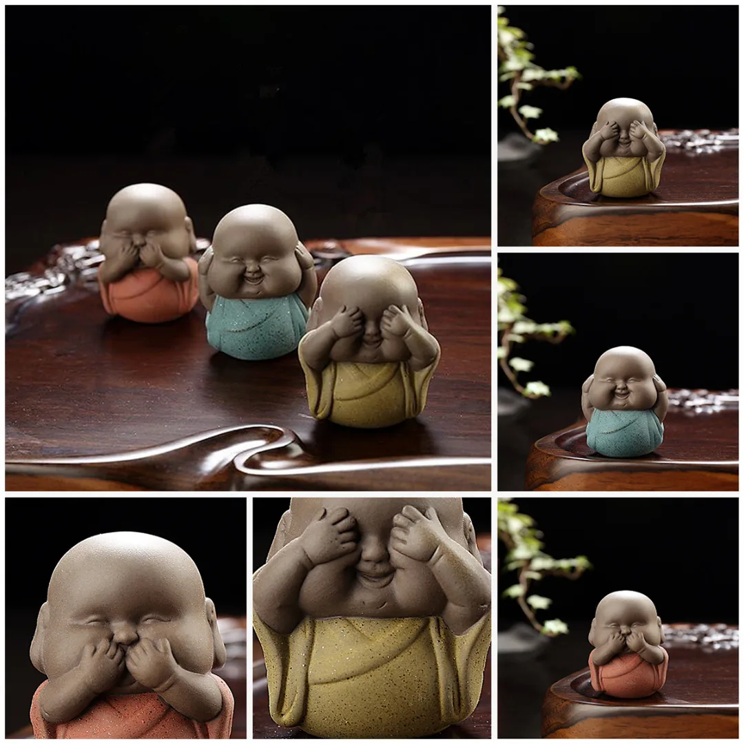 Set of 4 Speak Hear See Think NO Evil Buddha Monk Statues Pottery Tea Pets Décor