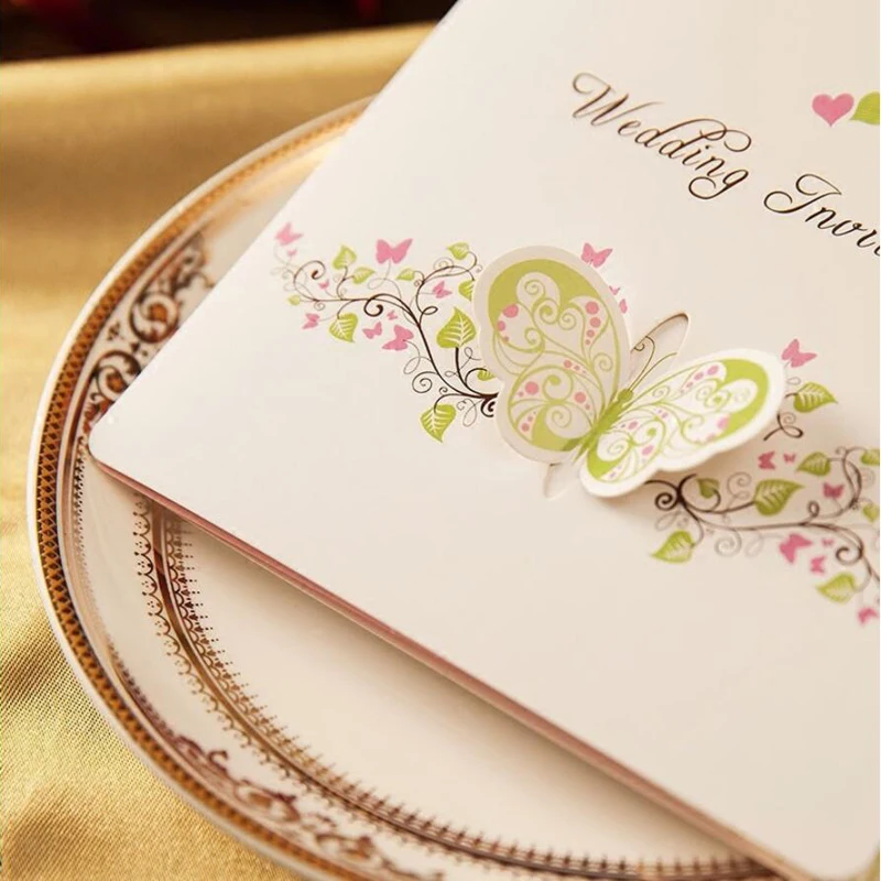 50 pieces/lot) Korean Style Pop Up Butterfly Wedding Invitation Card Printable& Customize White Marriage Cards IC026