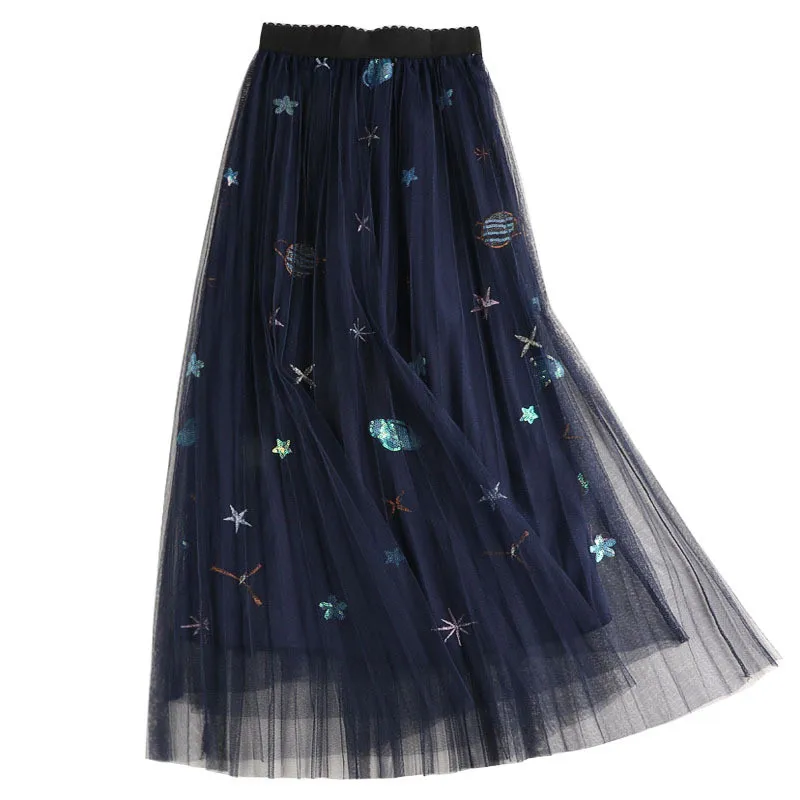NORMOV сладкий вышитые плиссированная фатиновая юбка для женщин летние линии Длинные юбки для Высокая талия блестками планет сетки макси