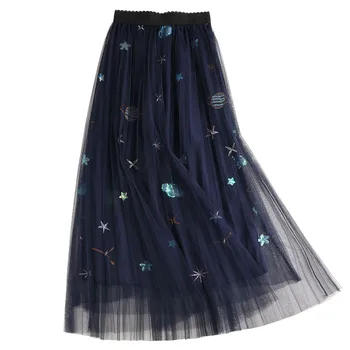 

NORMOV Sweet Embroidered Pleated Tulle Skirt Women Summer A Line Long Skirts High Waist Sequined Planets Mesh Maxi Skirts