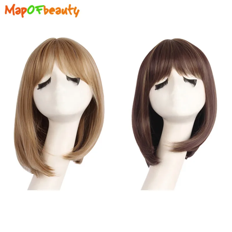

MapofBeauty 16" Short Straight Flat Bang Wigs Dark Brown Light Brown Bob Wig Women Synthetic Hair Heat Resistant Party Peruca