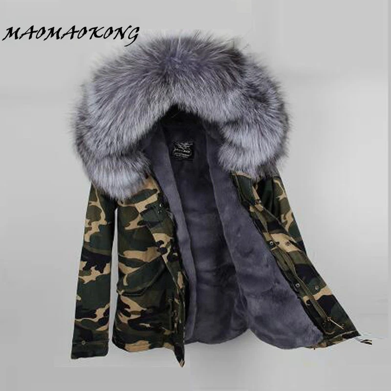 

2017 Women Winter Camo Parkas Large Raccoon Fur Collar Hooded Coat Outwear 2 in 1 Detachable Lining Winter Jacket Brand Style