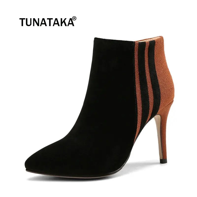 

Suede Thin High Heel Mixed Color Woman Ankle Boots Fashion Pointed Toe Zipper Ladies Boots Black