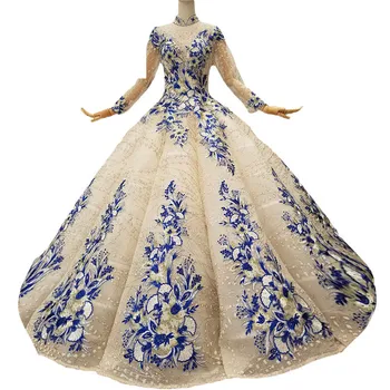 

2018 Champagne Lace Blue Appliques Long Sleeves High Neck Bridal Gowns Floor-length Backless Ball Gown Vintage Wedding Dresses
