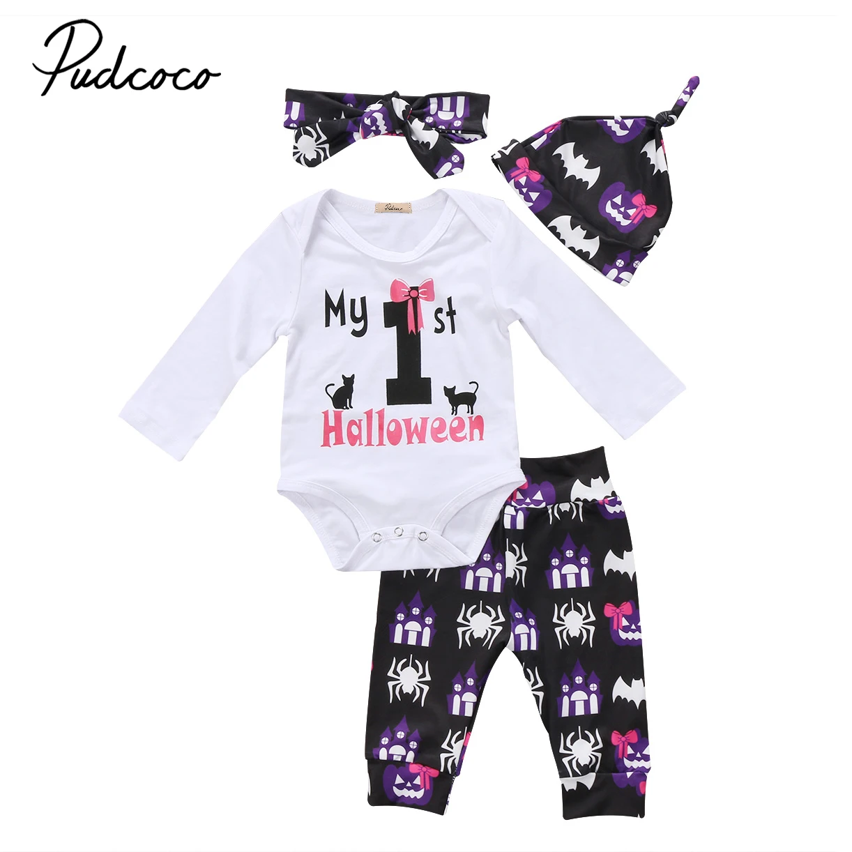 

4Pcs Halloween Suits Newborn Toddler Baby Girls Clothes Romper Jumpsuit Bodysuit+Pants Outfits Set