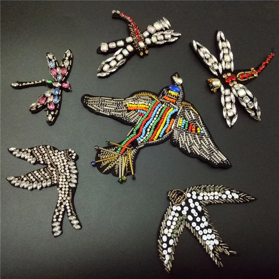 

Handmade Rhinestone beaded Patches ,swallow,dragonfly,Birds,Sew on Crystal patch for clothing beading Applique cute patch