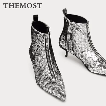 Sequined women's ankle boots autumn and winter fashion low-heeled pointed sheepskin inner female boots plus size Sequined women's ankle boots autumn and winter fashion low-heeled pointed sheepskin inner female boots plus size
