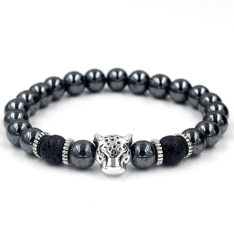 Hematite Stone Bead Bracelet Panther Crown Lion Charms bracelet jewelry