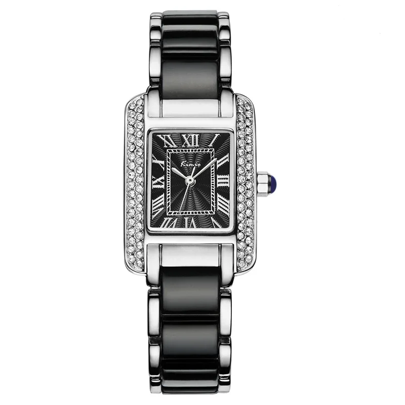 Kimio женские кварцевые часы, модные синие квадратные часы с бриллиантовым браслетом, Брендовые Часы с имитацией керамики, студенческие водонепроницаемые наручные часы - Цвет: black watch