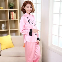 Винтажный Розовый атласный китайский женский Пижамный костюм с вышивкой, цветочный пижамный комплект, домашняя одежда размера плюс 3XL, Повседневная Пижама, ночное белье