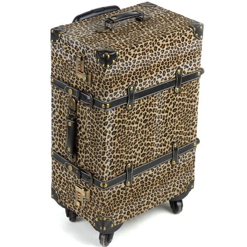 

14,20,24 inch Women Vintage rolling Luggage Sets PU Travel Suitcases,Leopard Print Spinner Trolley Bags Suitcase girls Bag