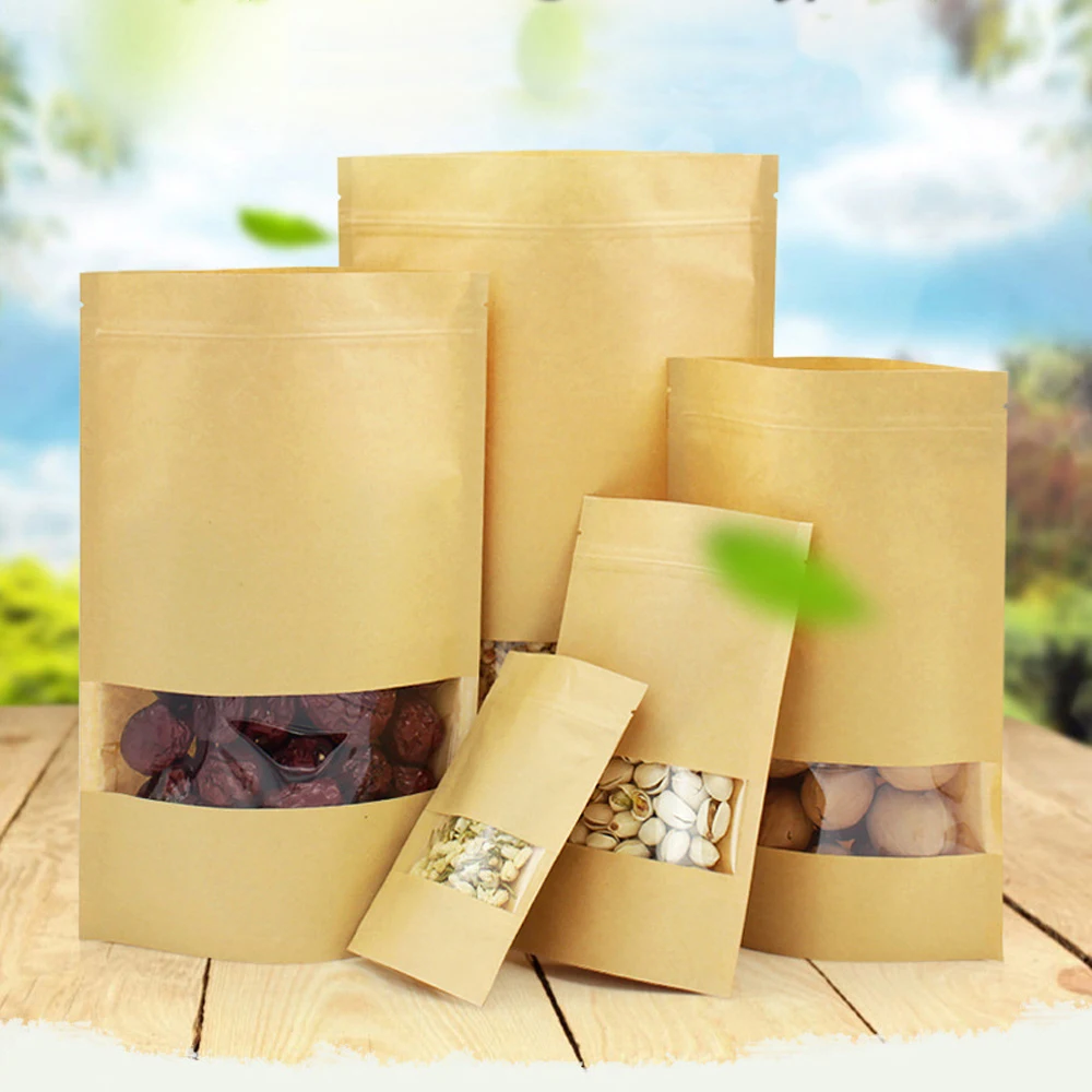 5pcs Stand up Kraft Paper Bag with Transparent Window Zip Lock Kraft Paper Pouch Zip lock ...