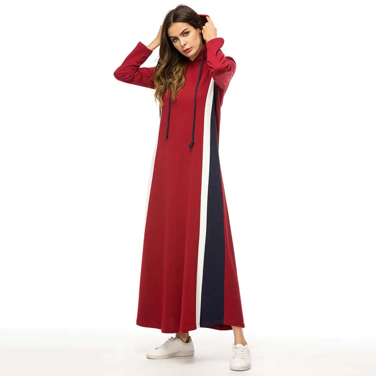 

2019 Fashion Color Block Striped muslim abaya Winter hooded Dress Women Plus Size Vestido Islamic Dubai arabic robe VKDR1426