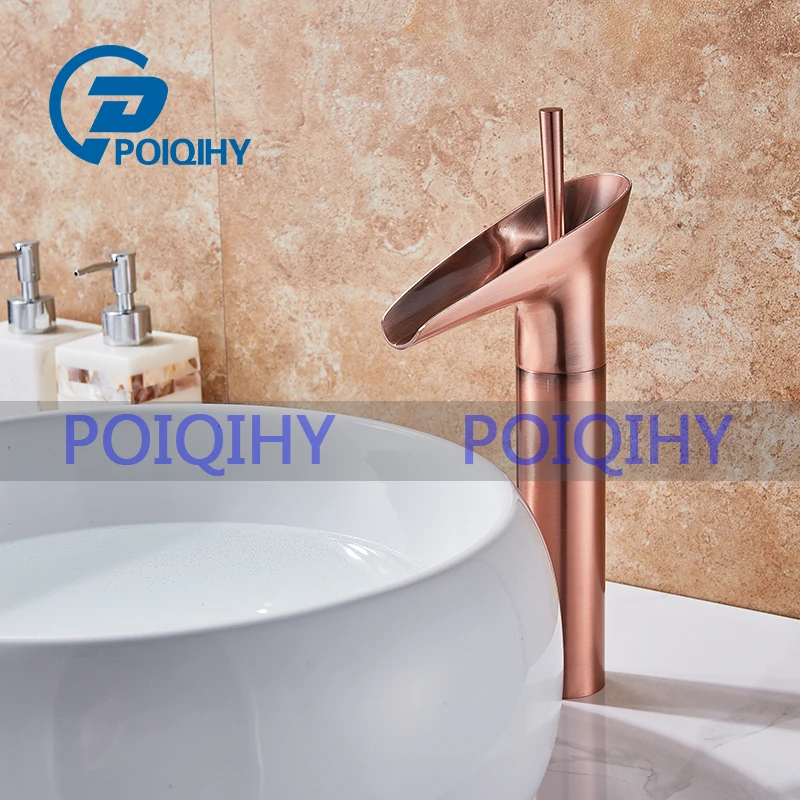 

POIQIHY Waterfall Vissel Sink Basin Faucet Single Handle Bathroom Mixer Tap with hot & cold Two Hose Rose Golden