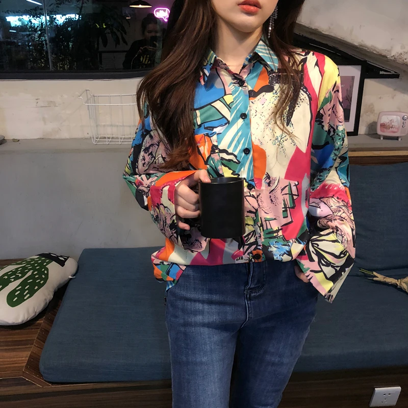  Cheerart Print Vintage Blouse Color Block Women Shirts Colorful Abstract Painting Print Long Sleeve