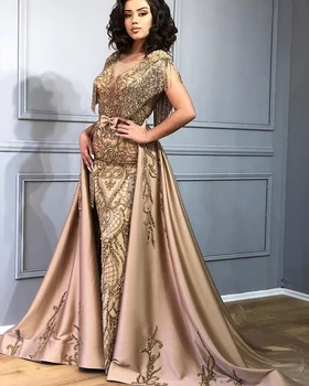 

2019 Luxury Gold Heavy Beads Lace Mermaid Prom Dress With Detachable Train Tassel Formal Evening Gowns Vestido de fiesta