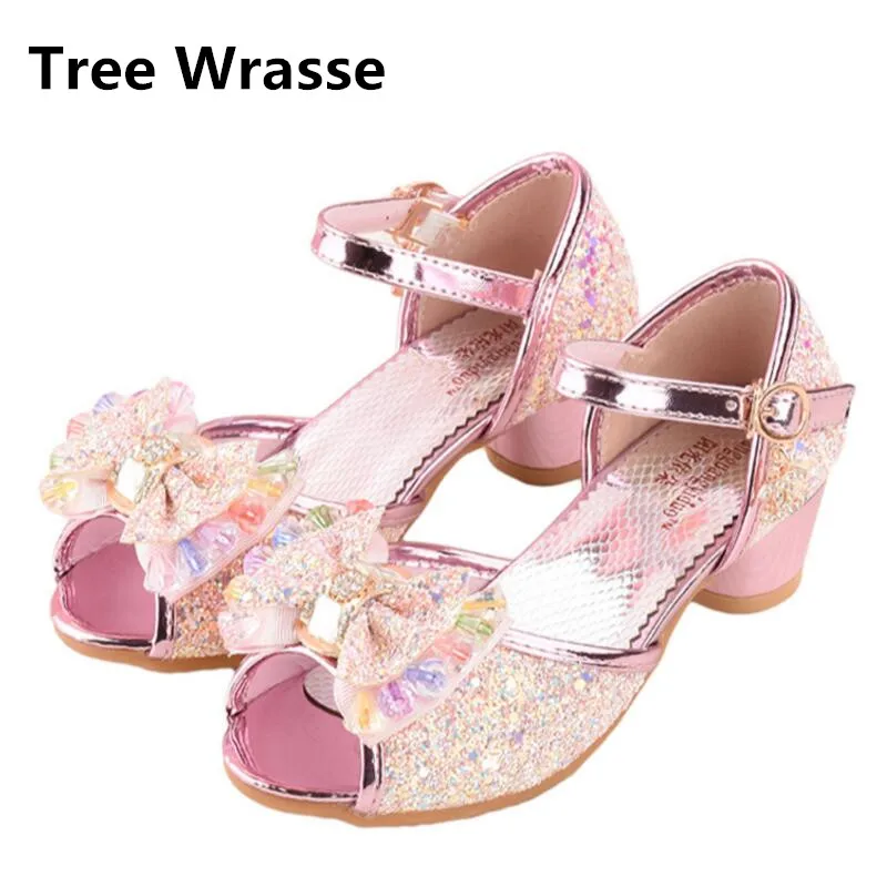 

Summer Girls Princess Sandals Children New High Heels 2017 Kids Rhinestone Mid Bowtie Leather Single Shoes Dance Shoes