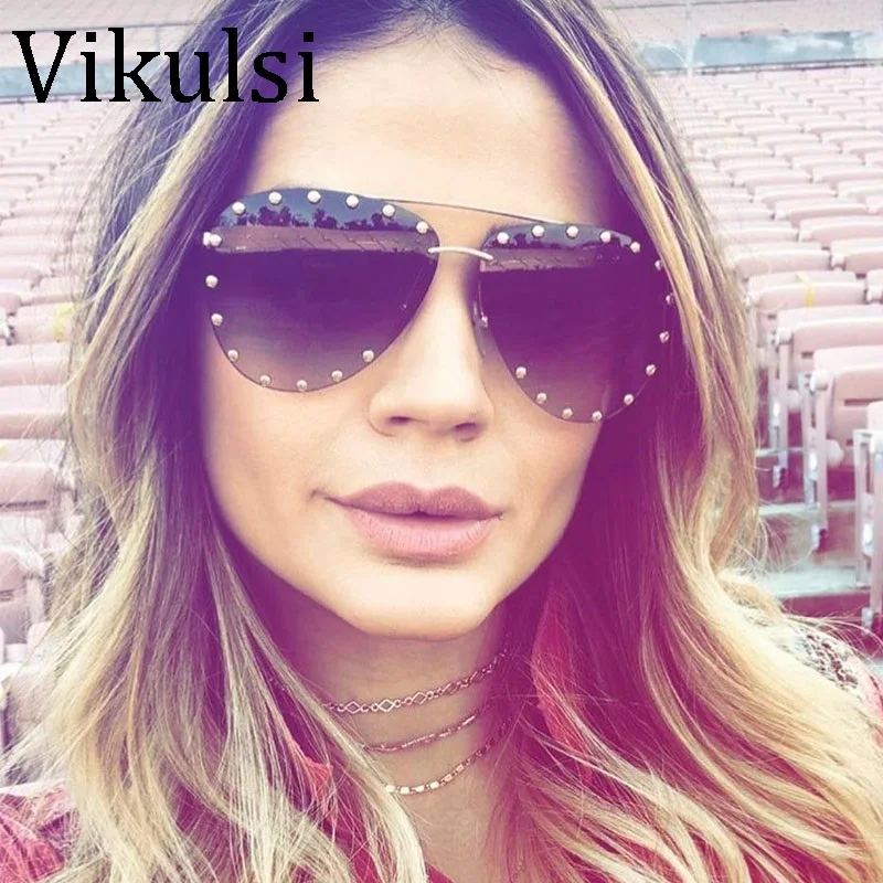 

2018 Rimless Gradient Sunglasses Brand Designer Pilot Frame Rivet Steampunk Sunglasses Oversize oculos de sol feminino