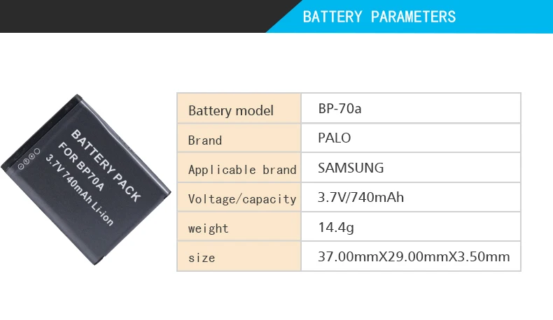 PALO 1 шт. BP 70A аккумуляторная батарея для цифровых фотоаппаратов BP-70A 3,7 V 740 мА/ч, SLB-70A для SAMSUNG ES75 ES80 PL20 PL120 PL170 ST70 ST80 ST65 SL630