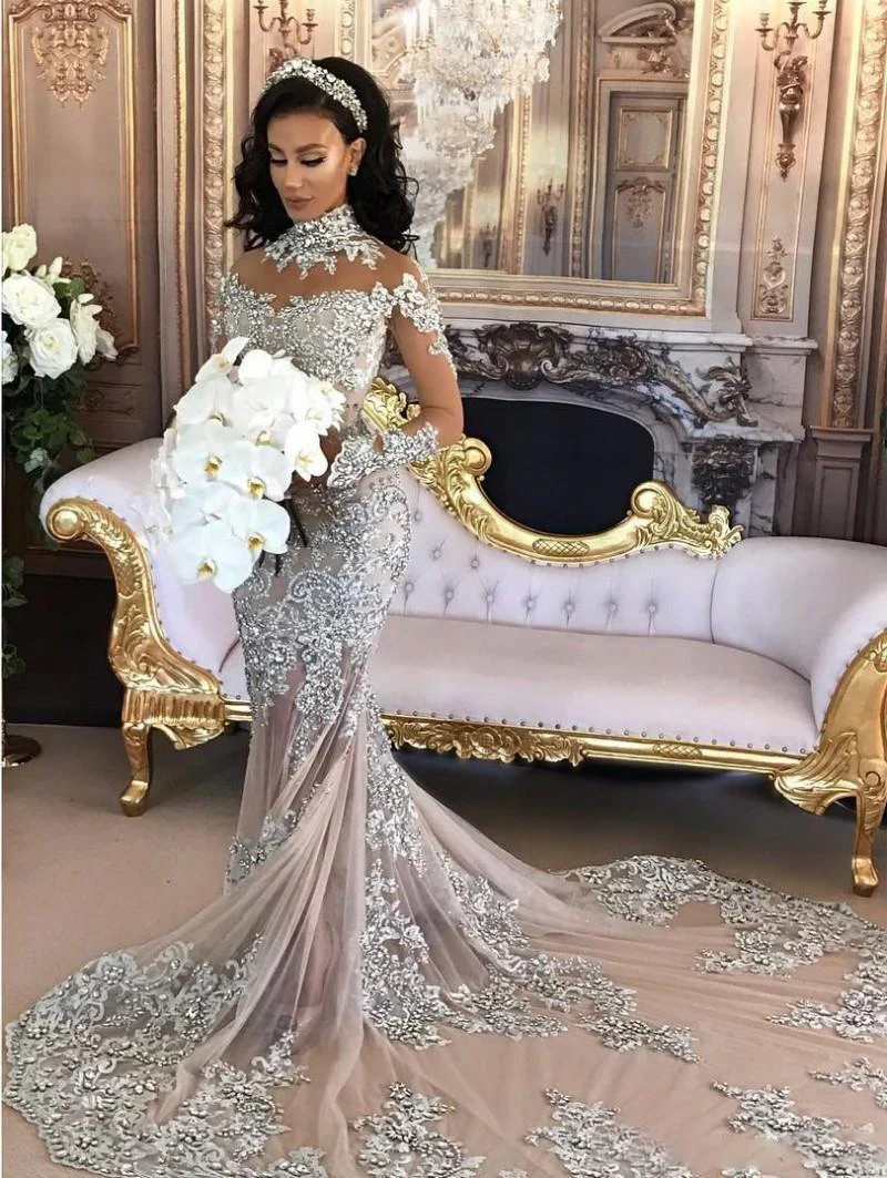 Elegant Muslim Evening Dress Long 2019 Mermaid Lace Beads Crystal with Sleeves Formal Prom Dress Party Gown Robe De Soiree