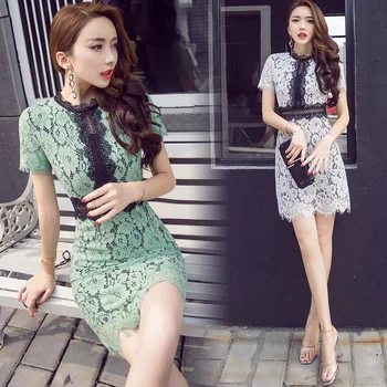 

Elegant Wild Temperament Office Lady Lace Dress Patchwork Hollow A-line Summer Dress Fashion High Waist Thin Vestido De Festa
