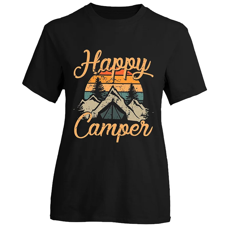 

Women Summer Short Sleeve T Shirt Funny Happy Camping Mountain Print T Shirt O-Neck Black Casual Tops Tee T-Shirts